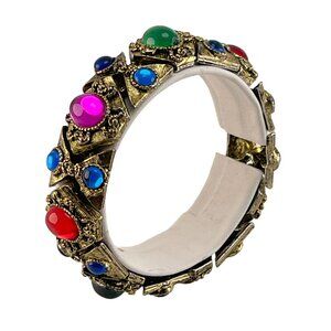 Jewels of India Cabochon Bracelet Chunky gold Tone Statement Runway 80s RARE!